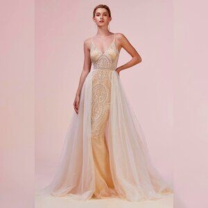 Sz L FashionNova Pink Beaded and Crystallized Tulle Illusion Gown with Overskirt